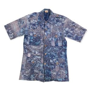 Vintage BAREFOOT IN PARADISE Blue Floral Hawaiian Shirt Button up Mens Size M